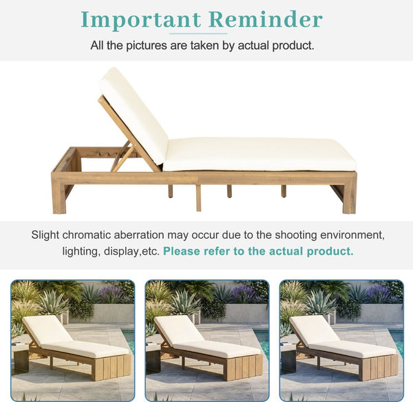 English Elm Adjustable Acacia Wood Outdoor Chaise Lounge with Reclining Backrest and Cushioned Pool Deck Light Teak + Beige Cushion N719P414733A