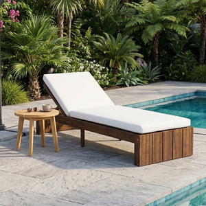 English Elm Adjustable Acacia Wood Outdoor Chaise Lounge with Reclining Backrest and Cushioned Pool Deck Mocha + White Cushion N719P414733D