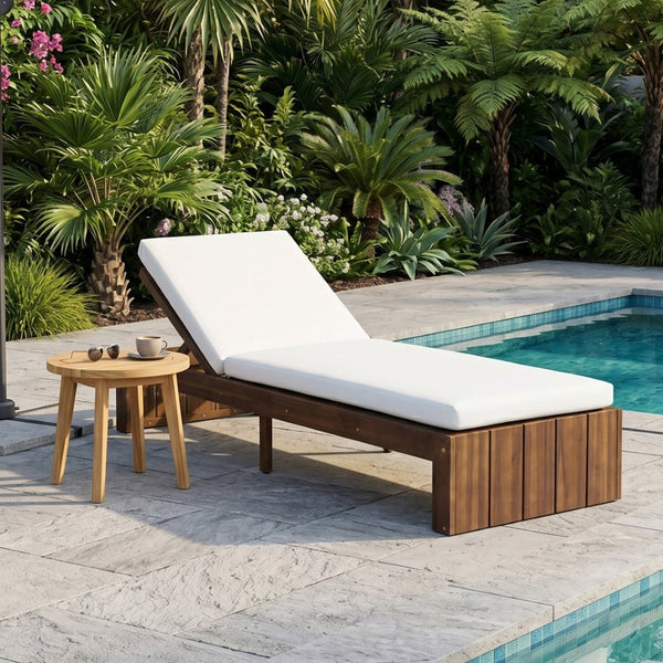 English Elm Adjustable Acacia Wood Outdoor Chaise Lounge with Reclining Backrest and Cushioned Pool Deck Mocha + White Cushion N719P414733D