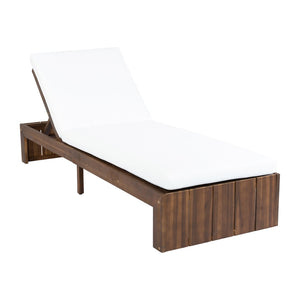 English Elm Adjustable Acacia Wood Outdoor Chaise Lounge with Reclining Backrest and Cushioned Pool Deck Mocha + White Cushion N719P414733D