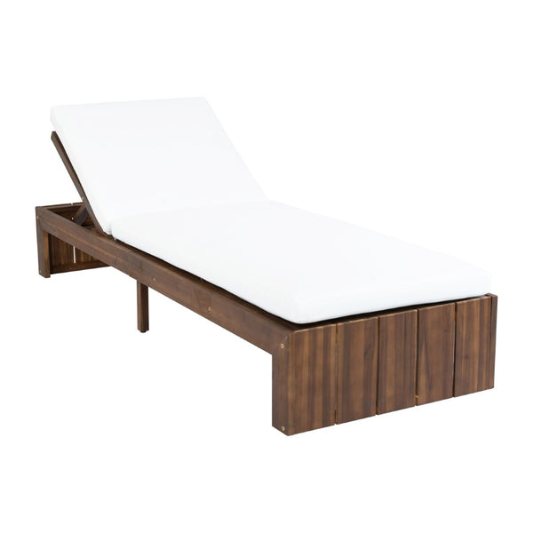 English Elm Adjustable Acacia Wood Outdoor Chaise Lounge with Reclining Backrest and Cushioned Pool Deck Mocha + White Cushion N719P414733D
