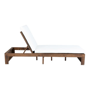 English Elm Adjustable Acacia Wood Outdoor Chaise Lounge with Reclining Backrest and Cushioned Pool Deck Mocha + White Cushion N719P414733D