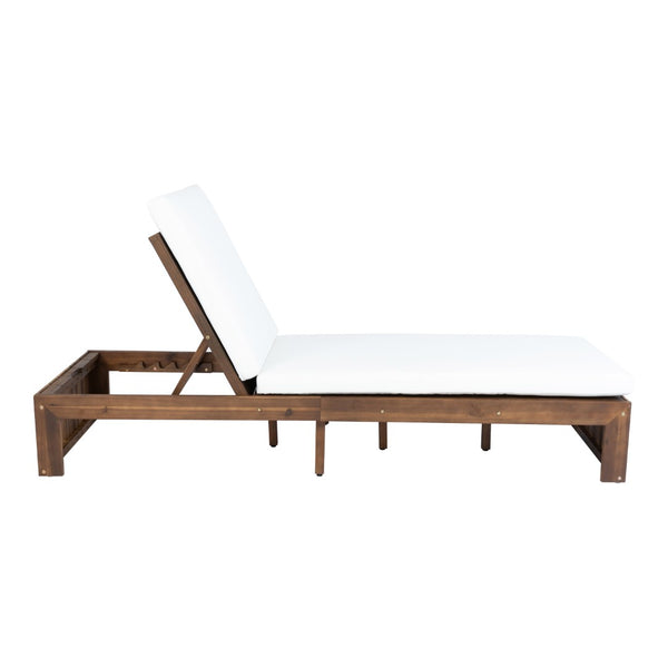 English Elm Adjustable Acacia Wood Outdoor Chaise Lounge with Reclining Backrest and Cushioned Pool Deck Mocha + White Cushion N719P414733D