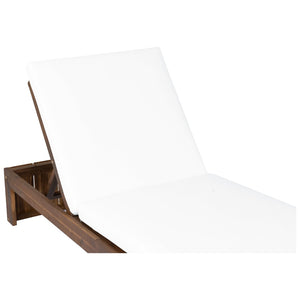 English Elm Adjustable Acacia Wood Outdoor Chaise Lounge with Reclining Backrest and Cushioned Pool Deck Mocha + White Cushion N719P414733D