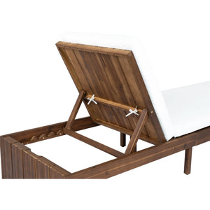 English Elm Adjustable Acacia Wood Outdoor Chaise Lounge with Reclining Backrest and Cushioned Pool Deck Mocha + White Cushion N719P414733D
