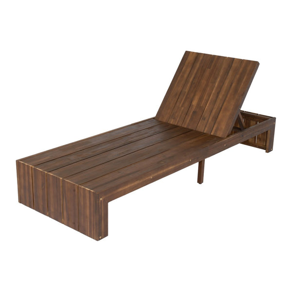 English Elm Adjustable Acacia Wood Outdoor Chaise Lounge with Reclining Backrest and Cushioned Pool Deck Mocha + White Cushion N719P414733D