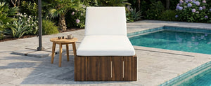 English Elm Adjustable Acacia Wood Outdoor Chaise Lounge with Reclining Backrest and Cushioned Pool Deck Mocha + White Cushion N719P414733D