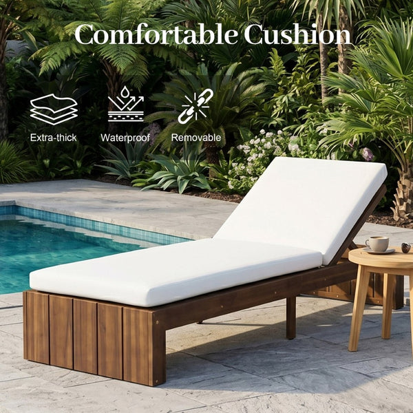 English Elm Adjustable Acacia Wood Outdoor Chaise Lounge with Reclining Backrest and Cushioned Pool Deck Mocha + White Cushion N719P414733D