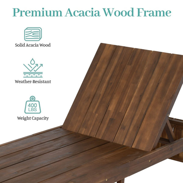 English Elm Adjustable Acacia Wood Outdoor Chaise Lounge with Reclining Backrest and Cushioned Pool Deck Mocha + White Cushion N719P414733D