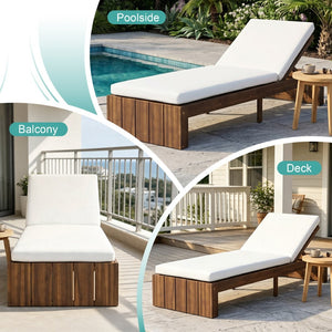 English Elm Adjustable Acacia Wood Outdoor Chaise Lounge with Reclining Backrest and Cushioned Pool Deck Mocha + White Cushion N719P414733D