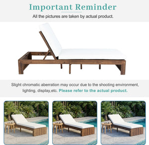English Elm Adjustable Acacia Wood Outdoor Chaise Lounge with Reclining Backrest and Cushioned Pool Deck Mocha + White Cushion N719P414733D