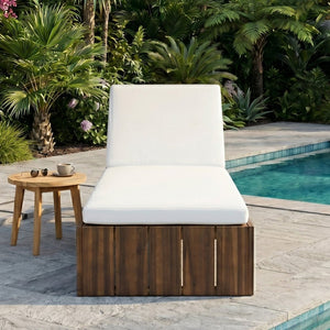 English Elm Adjustable Acacia Wood Outdoor Chaise Lounge with Reclining Backrest and Cushioned Pool Deck Mocha + White Cushion N719P414733D