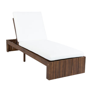 English Elm Adjustable Acacia Wood Outdoor Chaise Lounge with Reclining Backrest and Cushioned Pool Deck Mocha + White Cushion N719P414733D