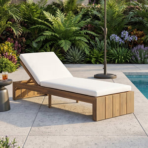 English Elm Adjustable Acacia Wood Outdoor Chaise Lounge with Reclining Backrest and Cushioned Pool Deck Light Teak + White Cushion N719P414733K