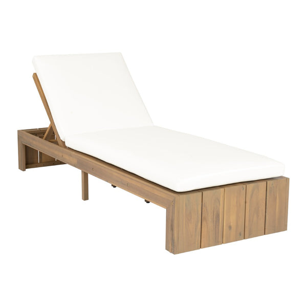 English Elm Adjustable Acacia Wood Outdoor Chaise Lounge with Reclining Backrest and Cushioned Pool Deck Light Teak + White Cushion N719P414733K