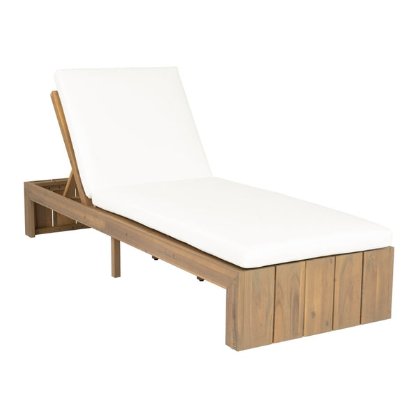English Elm Adjustable Acacia Wood Outdoor Chaise Lounge with Reclining Backrest and Cushioned Pool Deck Light Teak + White Cushion N719P414733K