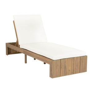 English Elm Adjustable Acacia Wood Outdoor Chaise Lounge with Reclining Backrest and Cushioned Pool Deck Light Teak + White Cushion N719P414733K