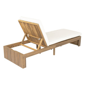 English Elm Adjustable Acacia Wood Outdoor Chaise Lounge with Reclining Backrest and Cushioned Pool Deck Light Teak + White Cushion N719P414733K