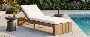 English Elm Adjustable Acacia Wood Outdoor Chaise Lounge with Reclining Backrest and Cushioned Pool Deck Light Teak + White Cushion N719P414733K