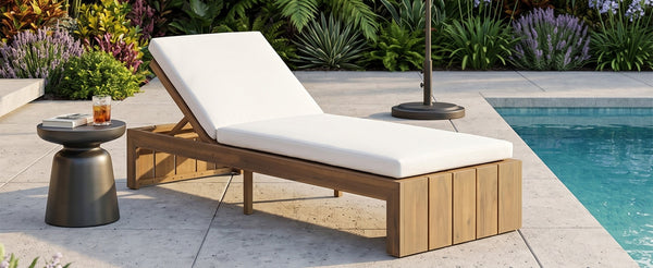 English Elm Adjustable Acacia Wood Outdoor Chaise Lounge with Reclining Backrest and Cushioned Pool Deck Light Teak + White Cushion N719P414733K