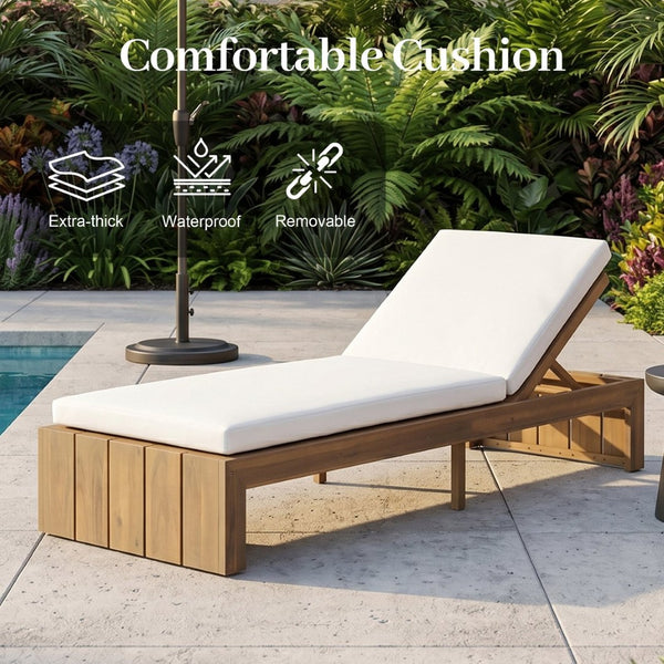 English Elm Adjustable Acacia Wood Outdoor Chaise Lounge with Reclining Backrest and Cushioned Pool Deck Light Teak + White Cushion N719P414733K