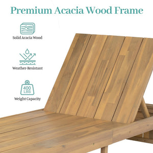 English Elm Adjustable Acacia Wood Outdoor Chaise Lounge with Reclining Backrest and Cushioned Pool Deck Light Teak + White Cushion N719P414733K