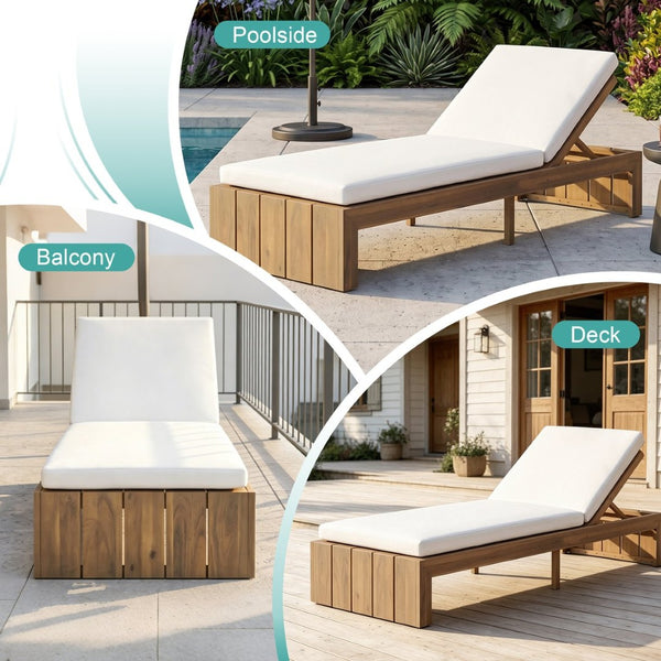 English Elm Adjustable Acacia Wood Outdoor Chaise Lounge with Reclining Backrest and Cushioned Pool Deck Light Teak + White Cushion N719P414733K