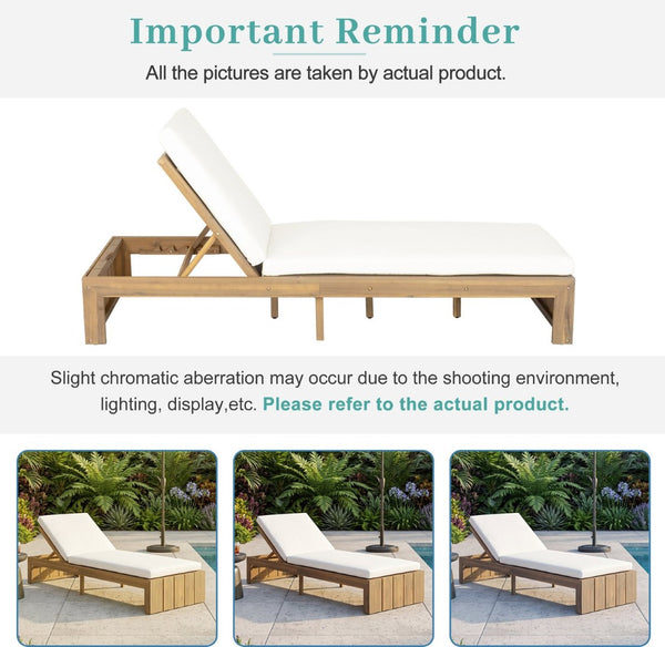 English Elm Adjustable Acacia Wood Outdoor Chaise Lounge with Reclining Backrest and Cushioned Pool Deck Light Teak + White Cushion N719P414733K