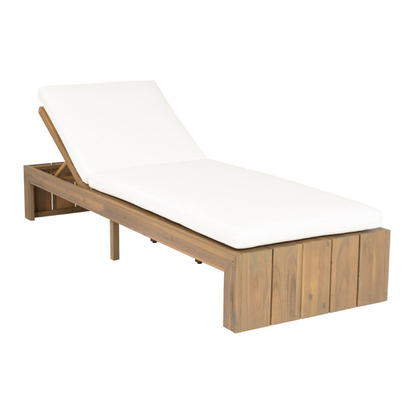 English Elm Adjustable Acacia Wood Outdoor Chaise Lounge with Reclining Backrest and Cushioned Pool Deck Light Teak + White Cushion N719P414733K