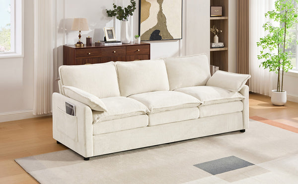 English Elm Modern Plush Faux Fur 3 Seater Sofa with Pocket Springs and Armrest Storage Pockets Beige N719P433666A
