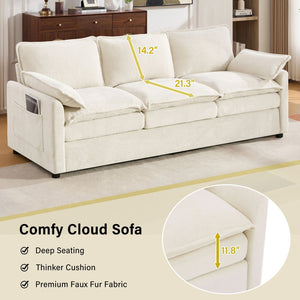 English Elm Modern Plush Faux Fur 3 Seater Sofa with Pocket Springs and Armrest Storage Pockets Beige N719P433666A