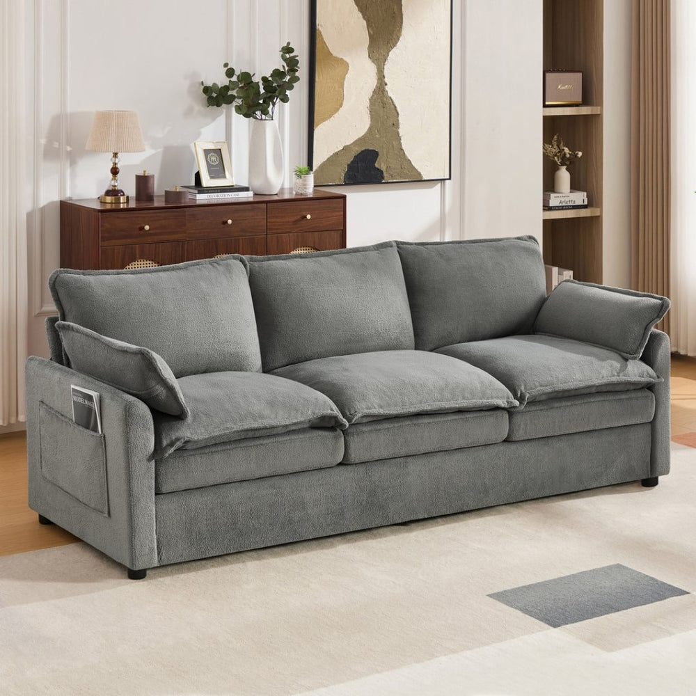 English Elm Modern Plush Faux Fur 3 Seater Sofa with Pocket Springs and Armrest Storage Pockets Grey N719P433666E