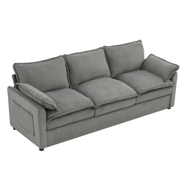 English Elm Modern Plush Faux Fur 3 Seater Sofa with Pocket Springs and Armrest Storage Pockets Grey N719P433666E