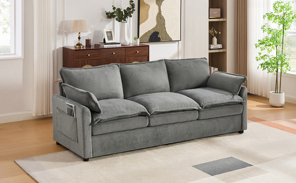 English Elm Modern Plush Faux Fur 3 Seater Sofa with Pocket Springs and Armrest Storage Pockets Grey N719P433666E