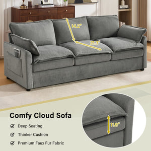English Elm Modern Plush Faux Fur 3 Seater Sofa with Pocket Springs and Armrest Storage Pockets Grey N719P433666E