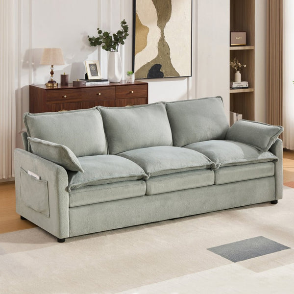 English Elm Modern Plush Faux Fur 3 Seater Sofa with Pocket Springs and Armrest Storage Pockets Green N719P433666F