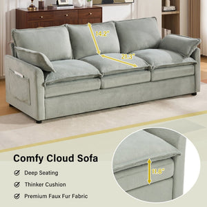 English Elm Modern Plush Faux Fur 3 Seater Sofa with Pocket Springs and Armrest Storage Pockets Green N719P433666F