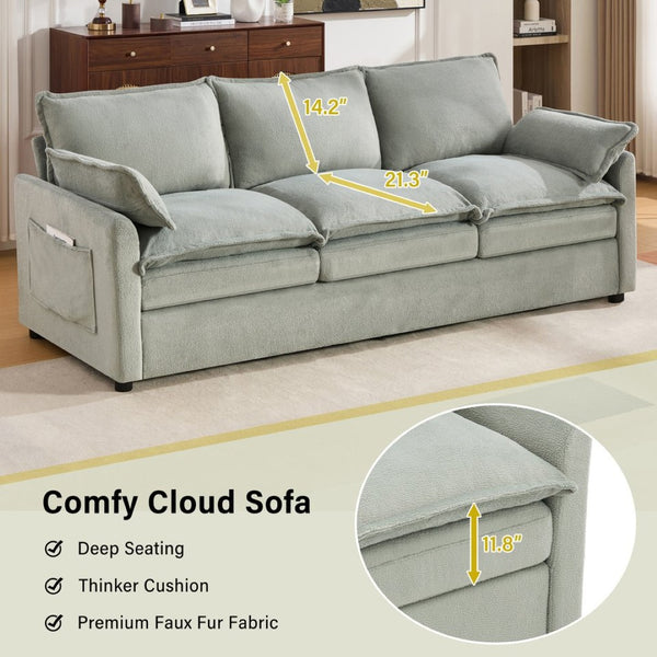 English Elm Modern Plush Faux Fur 3 Seater Sofa with Pocket Springs and Armrest Storage Pockets Green N719P433666F