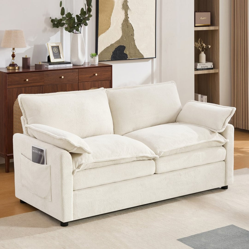 English Elm Modern Plush Faux Fur Loveseat with Pocket Spring Cushions and Armrest Storage Pockets Beige N719P433667A