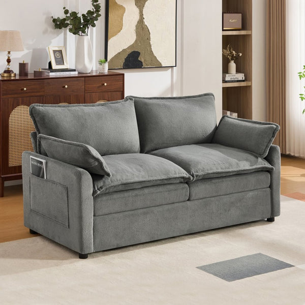 English Elm Modern Plush Faux Fur Loveseat with Pocket Spring Cushions and Armrest Storage Pockets Grey N719P433667E