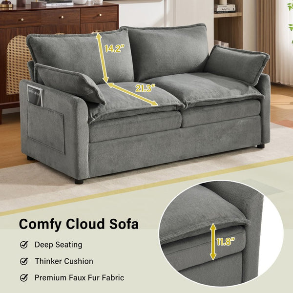 English Elm Modern Plush Faux Fur Loveseat with Pocket Spring Cushions and Armrest Storage Pockets Grey N719P433667E