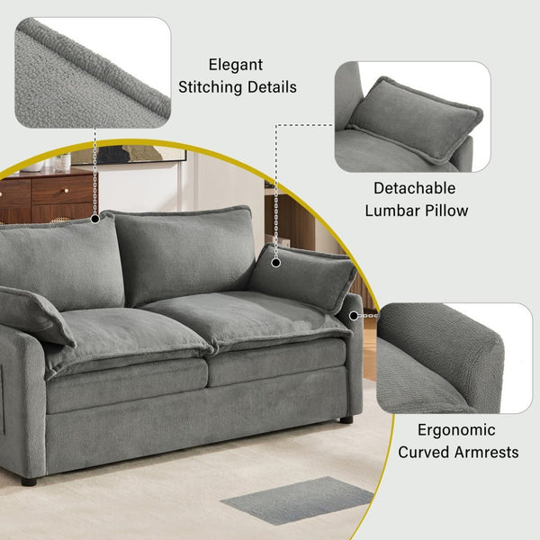 English Elm Modern Plush Faux Fur Loveseat with Pocket Spring Cushions and Armrest Storage Pockets Grey N719P433667E
