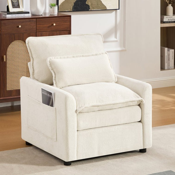 English Elm Modern Plush Faux Fur Armchair with Pocket Spring Cushion and Built-in Storage Pockets Beige N719P433668A