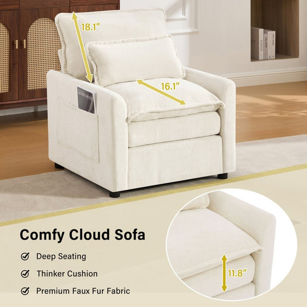 English Elm Modern Plush Faux Fur Armchair with Pocket Spring Cushion and Built-in Storage Pockets Beige N719P433668A