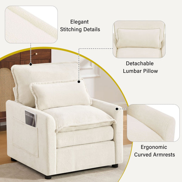 English Elm Modern Plush Faux Fur Armchair with Pocket Spring Cushion and Built-in Storage Pockets Beige N719P433668A
