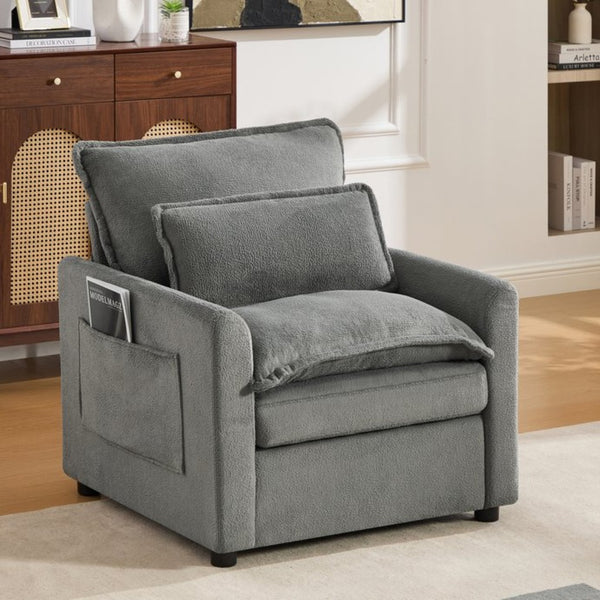 English Elm Modern Plush Faux Fur Armchair with Pocket Spring Cushion and Built-in Storage Pockets Grey N719P433668E