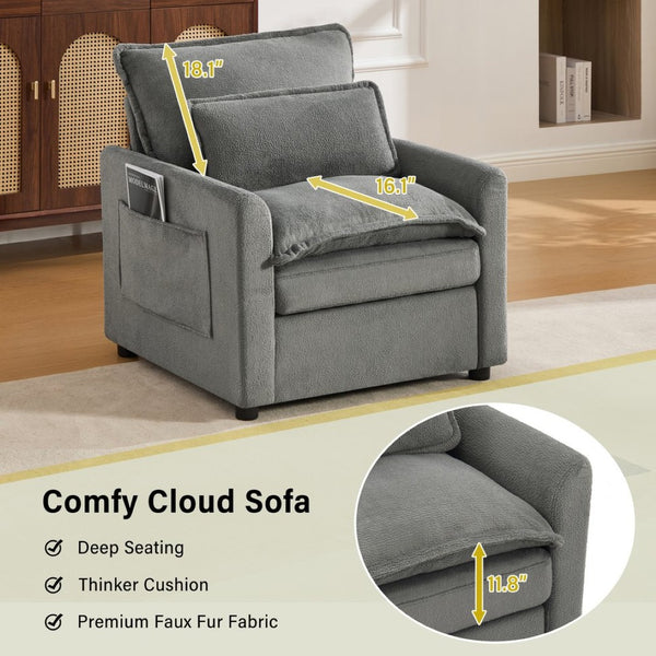 English Elm Modern Plush Faux Fur Armchair with Pocket Spring Cushion and Built-in Storage Pockets Grey N719P433668E