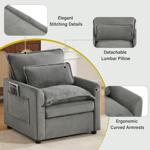 English Elm Modern Plush Faux Fur Armchair with Pocket Spring Cushion and Built-in Storage Pockets Grey N719P433668E
