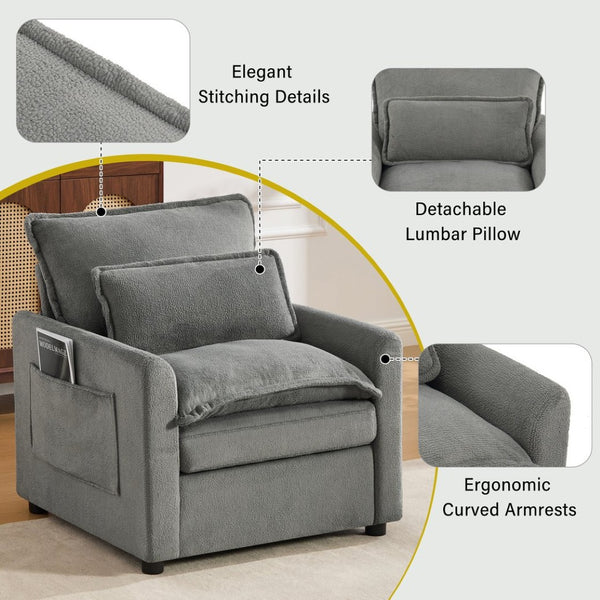 English Elm Modern Plush Faux Fur Armchair with Pocket Spring Cushion and Built-in Storage Pockets Grey N719P433668E