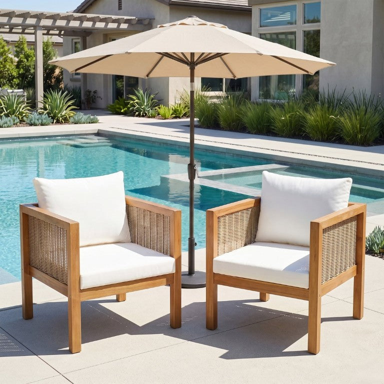 English Elm 2 Piece Acacia Wood Rattan Outdoor Armchair Set with Cushions for Patio Backyard Beige N719P487991A